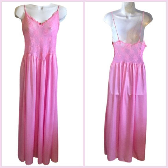 Cine Star Nightgown Vintage 70s Pink Lace Medium - Picture 1 of 7